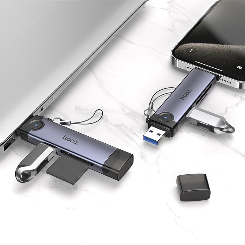 HOCO HB56A Victory 3-in-1 Card Reader – USB-A & Lightning (8 Pin) to SD, TF, USB2.0 – Metal Grey