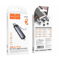 قارئ بطاقات HOCO HB56A Victory 3 في 1 – منفذ USB-A ومنفذ Lightning (8 دبابيس) إلى بطاقات SD وTF وUSB 2.0 – رمادي معدني