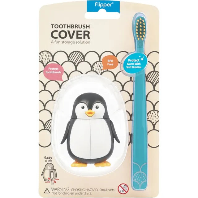 Flipper Fun Animal Toothbrush with Holder for Kids - Penguin (Self-Opening Cover)