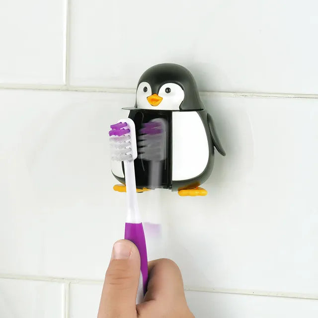 Flipper Fun Animal Toothbrush with Holder for Kids - Penguin (Self-Opening Cover)