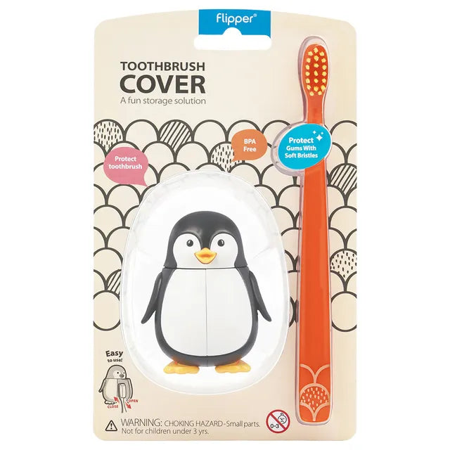 Flipper Fun Animal Toothbrush with Holder for Kids - Penguin (Self-Opening Cover)