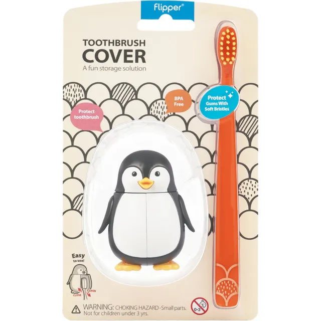 Flipper Fun Animal Toothbrush with Holder for Kids - Penguin (Self-Opening Cover)
