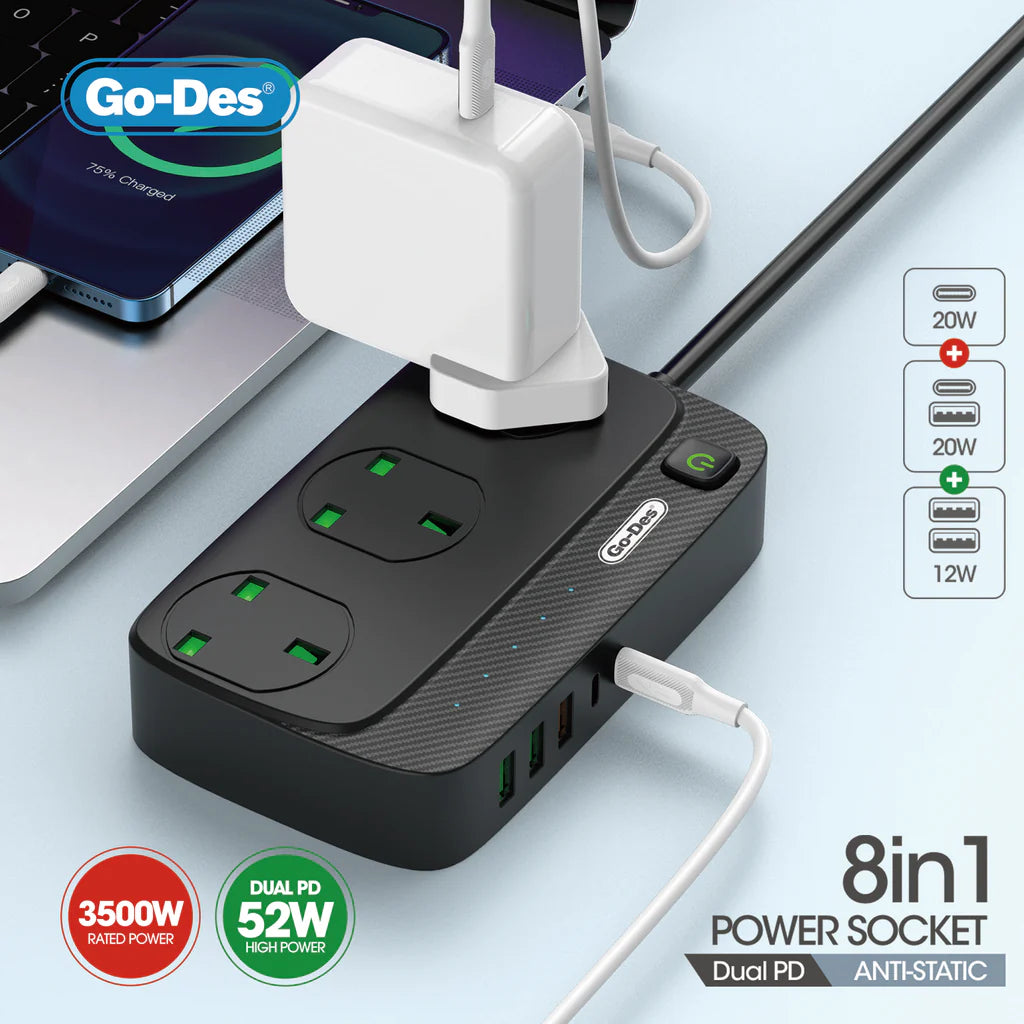 Go-Des UK Power Strip with USB Port 3-Way Socket 3 USB 2PD Port Socket Power Socket with 3M Bold Extension Cord Protector Plug