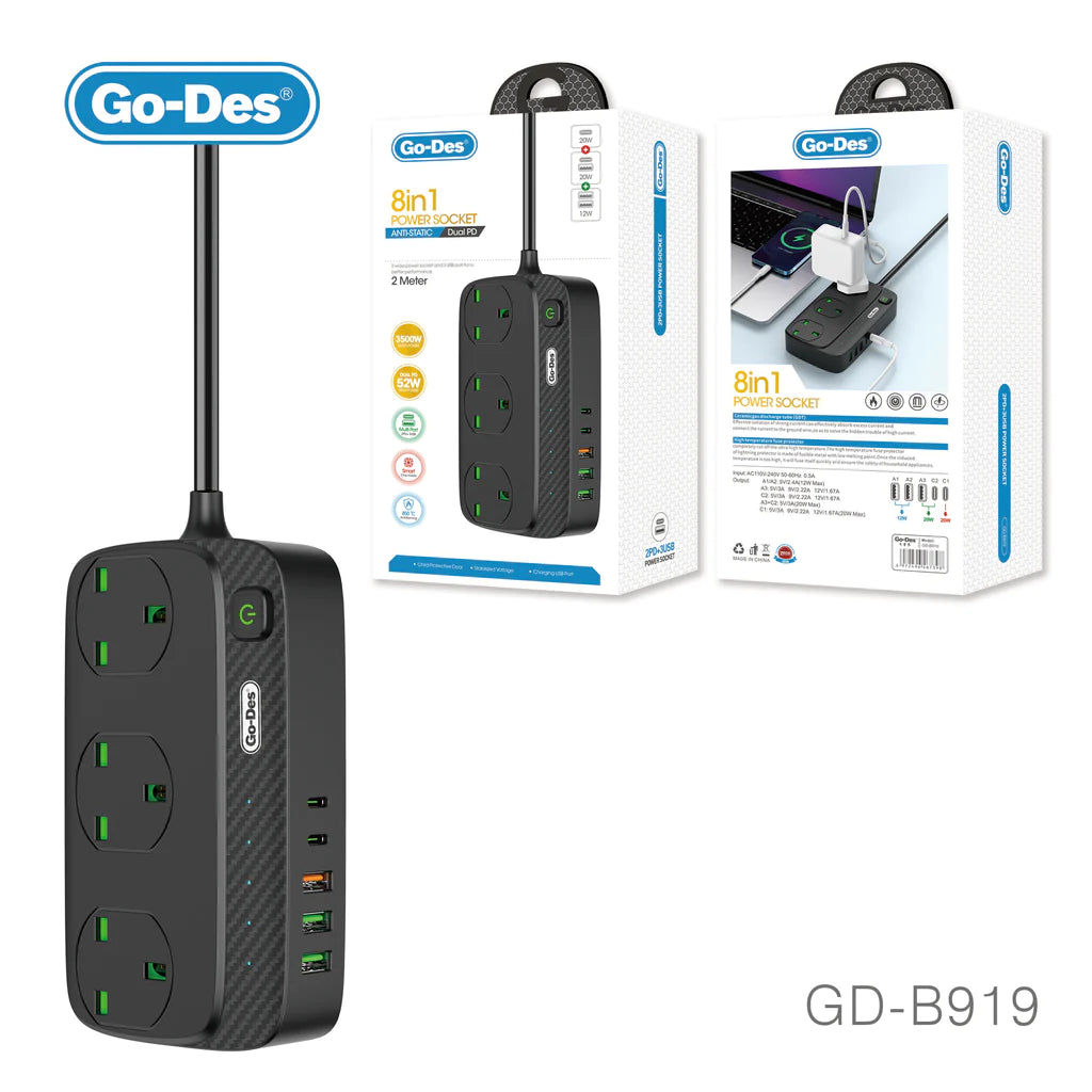 Go-Des UK Power Strip with USB Port 3-Way Socket 3 USB 2PD Port Socket Power Socket with 3M Bold Extension Cord Protector Plug