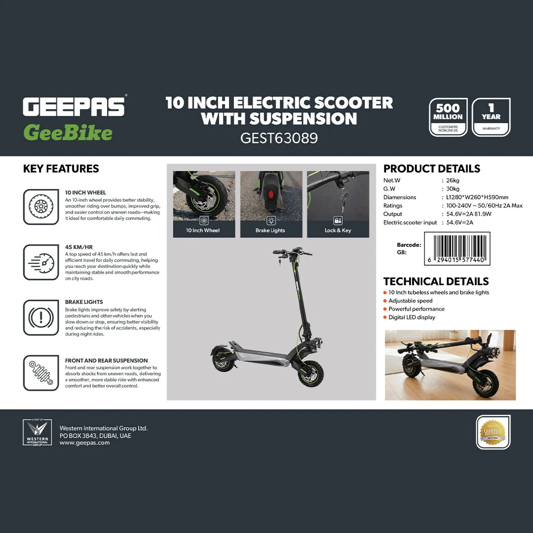 Geepas GeeBike 10" Foldable Electric Scooter, 45km/h, Black GEST63089