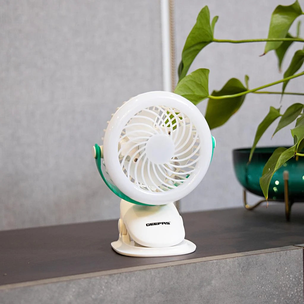 Geepas Rechargeable 2-in-1 Clip & Desk Fan, 36-LED Light, 7H Runtime, 1200mAh GF21137