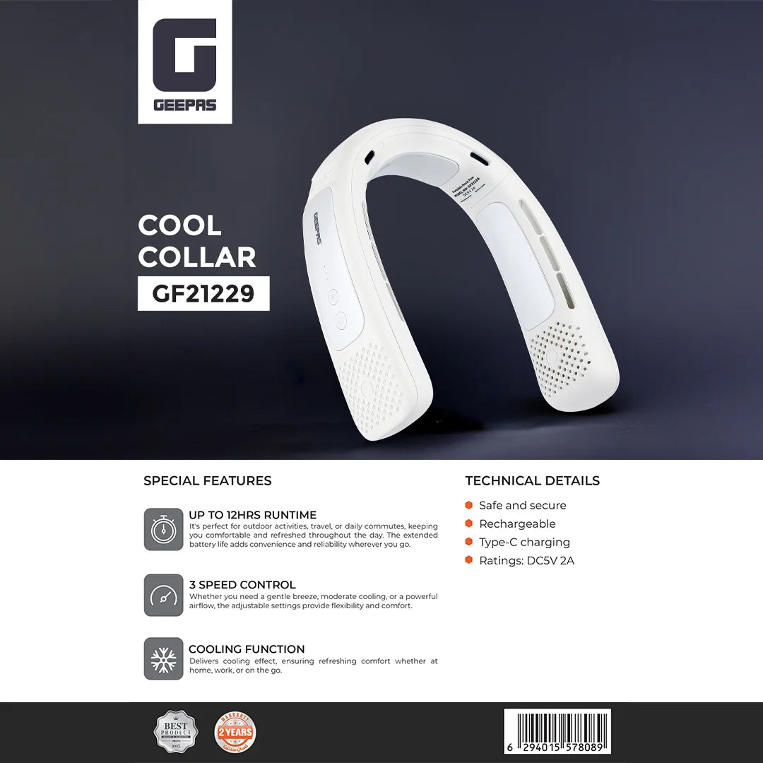 Geepas Rechargeable Cool Collar Neck Fan, 3 Speeds, 12H Runtime, White GF21229