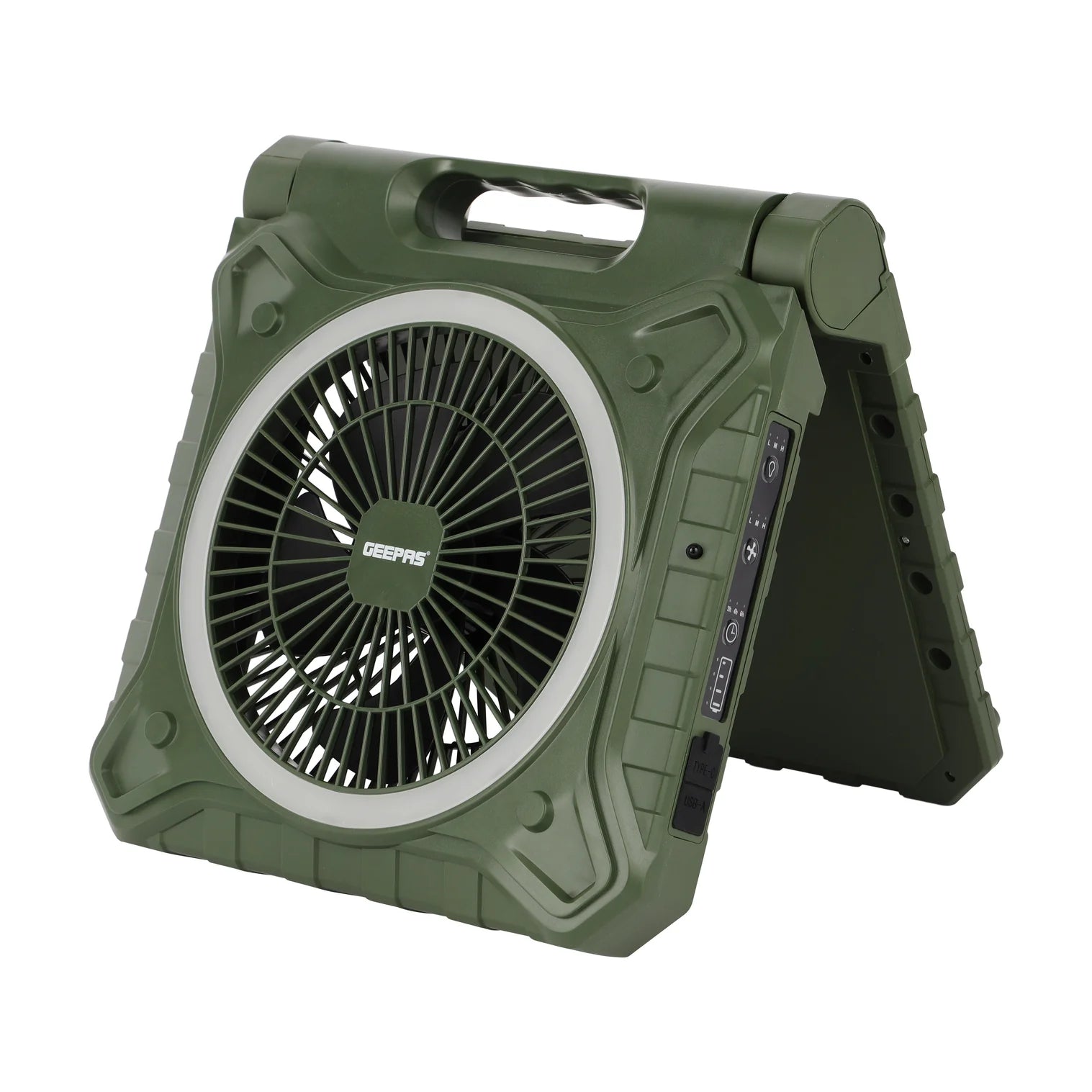 Geepas GF21233 8 Inch Rechargeable Solar Fan – 10000mAh | Remote Control | LED Light | Power Bank | Home & Outdoor