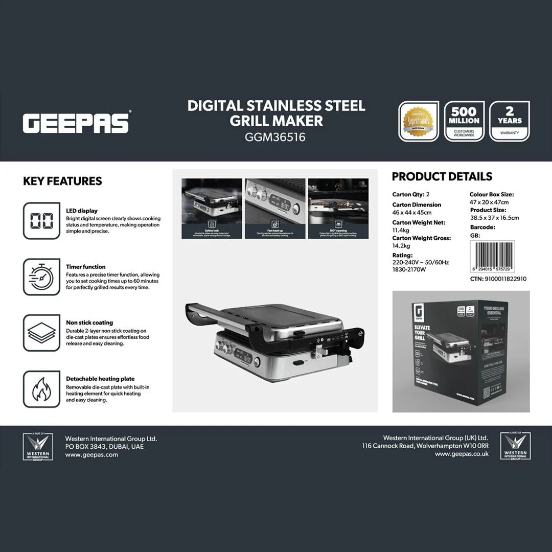 Geepas 2170W Digital Stainless Steel Grill Maker, 180° Open BBQ, Silver GGM36516