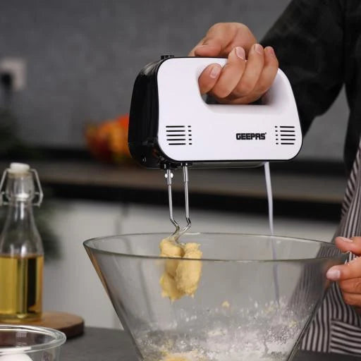 Geepas 150W Hand Mixer, 3 Speeds, Overheat Protection, Black/White GHM43030