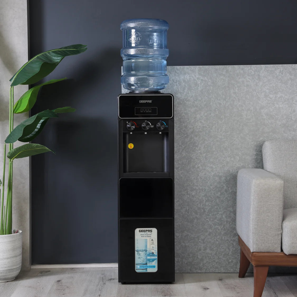 Geepas Hot/Cold/Normal Water Dispenser with Ice Maker, 10kg/24h, Black GIM17042