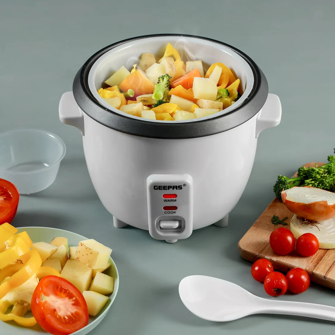 Geepas 300W 0.6L Multifunctional Rice Cooker with Steamer, White GRC1828
