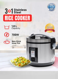 Geepas 1.8L Automatic Rice Cooker with Steamer, Black/Silver GRC4330