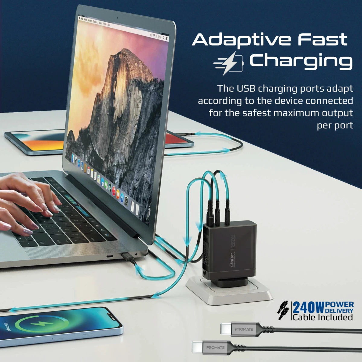 Promate GaNCharge-140W USB-C Wall Charger with 30W QC 3.0 Port