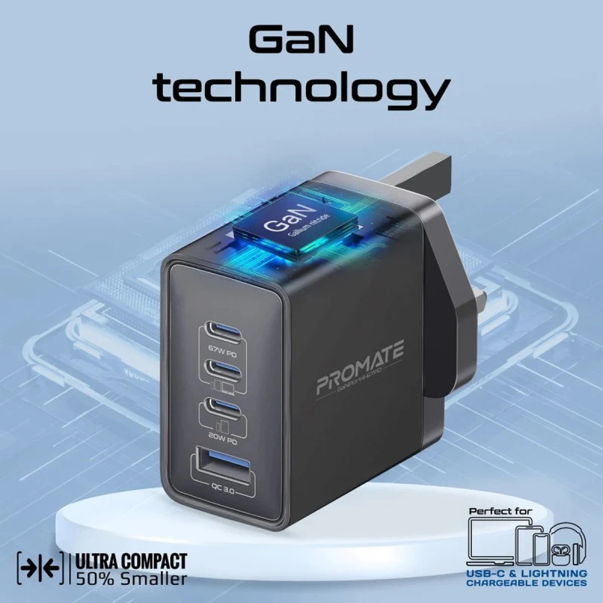 Promate GaNport4-67W Power Delivery GaN Charger with Quick Charge 3.0 Promate GaNport4-67W Power Delivery GaN Charger with Quick Charge 3.0