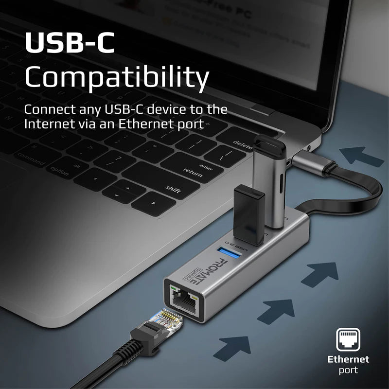 PROMATE GigaHub-C Multi-Port USB-C Hub with Ethernet Adapter (USB 3.0 Ports, 5Gbps Sync, 1000Mbps Ethernet as icons)