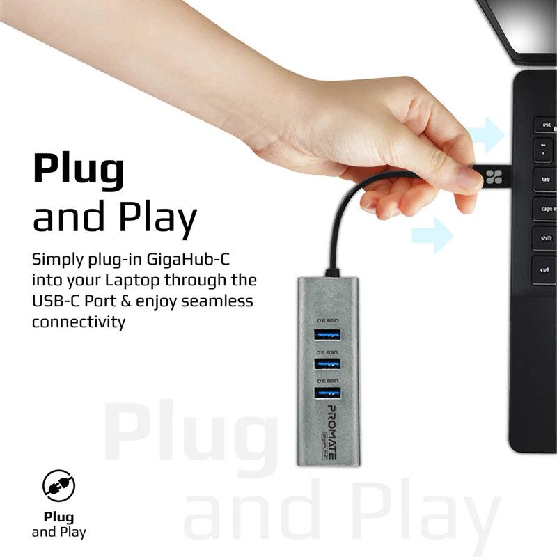 PROMATE GigaHub-C Multi-Port USB-C Hub with Ethernet Adapter (USB 3.0 Ports, 5Gbps Sync, 1000Mbps Ethernet as icons)