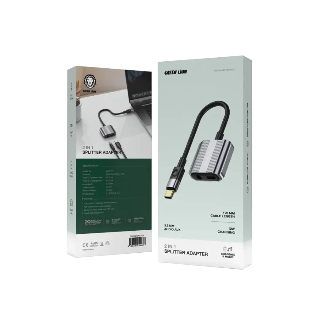 Green Lion 2 In 1 Splitter Adapter Type-C to AUX & Type-C - Grey