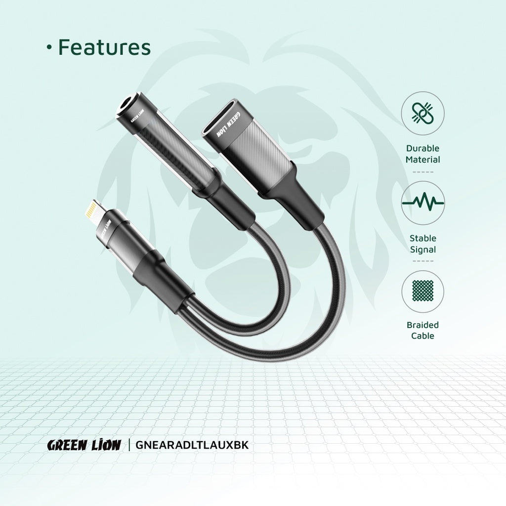 Green Lion 2in1 Lightning Audio & Charge Adapter - 12CM Green Lion 2in1 Lightning Audio & Charge Adapter - 12CM