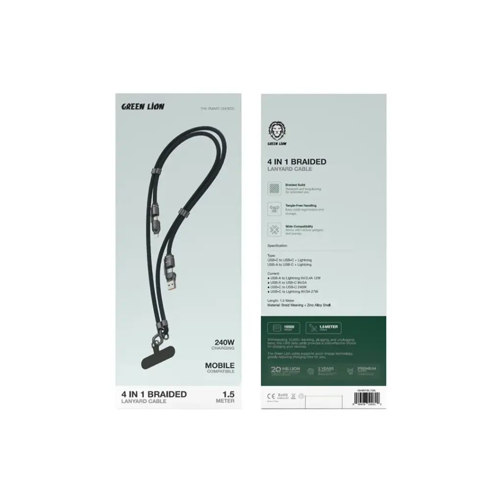 Green Lion 4-in-1 Braided Cable – 240W Fast Charging, 1.5m Green Lion 4-in-1 Braided Cable – 240W Fast Charging, 1.5m
