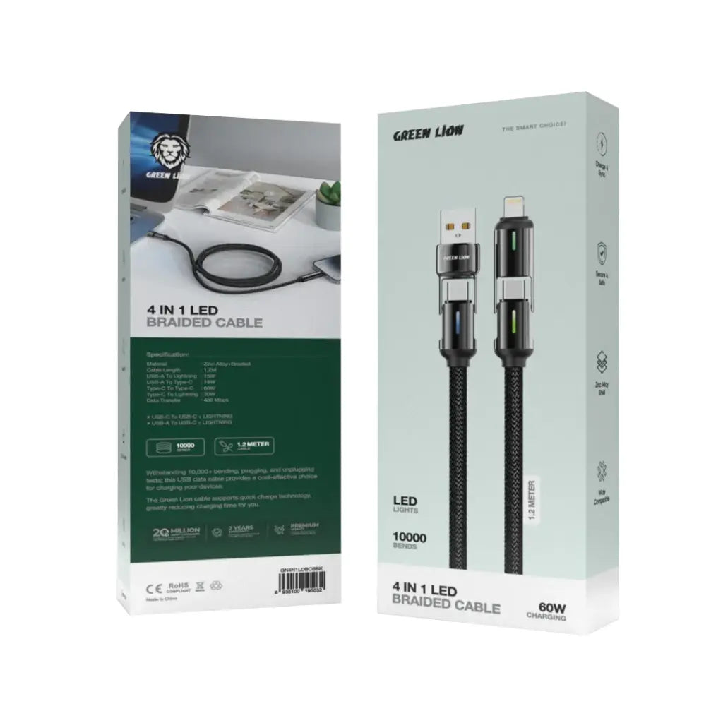 Green Lion 4 in 1 LED Braided Cable 60W 1.2M- Black Green Lion 4 in 1 LED Braided Cable 60W 1.2M- Black