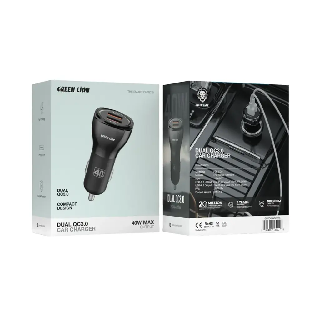 Green Lion 40W Car Charger + A to Lightning Cable – Dual USB-A Green Lion 40W Car Charger + A to Lightning Cable – Dual USB-A