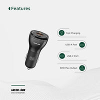 شاحن سيارة Green Lion بقوة 50 واط بمنفذي USB سريع