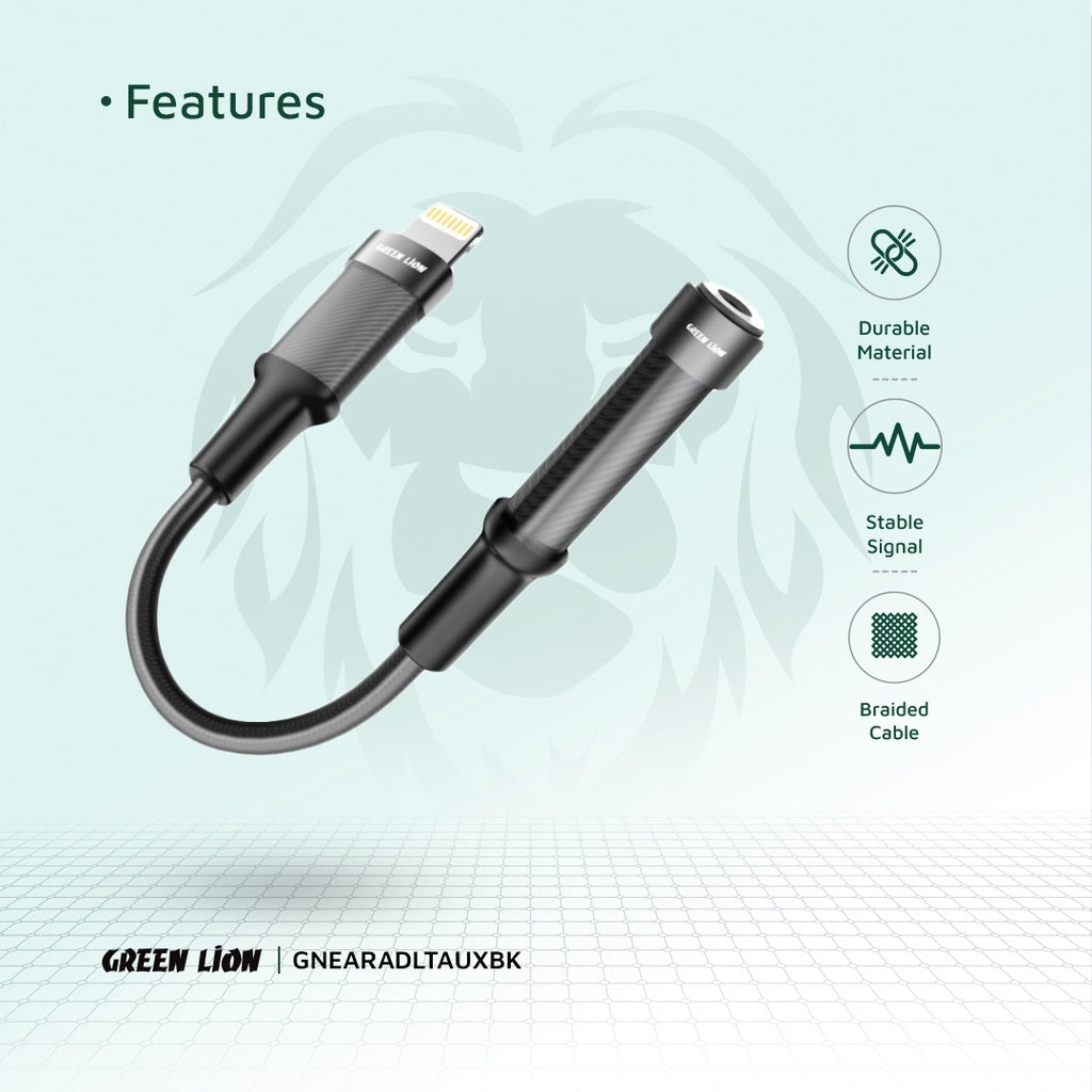 Green Lion Earphone Adapter Lightning to 3.5 Aux 12CM - Black Green Lion Earphone Adapter Lightning to 3.5 Aux 12CM - Black