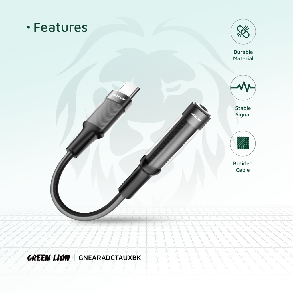 Green Lion Earphone Adapter USB-C to 3.5 Aux 12CM - Black Green Lion Earphone Adapter USB-C to 3.5 Aux 12CM - Black