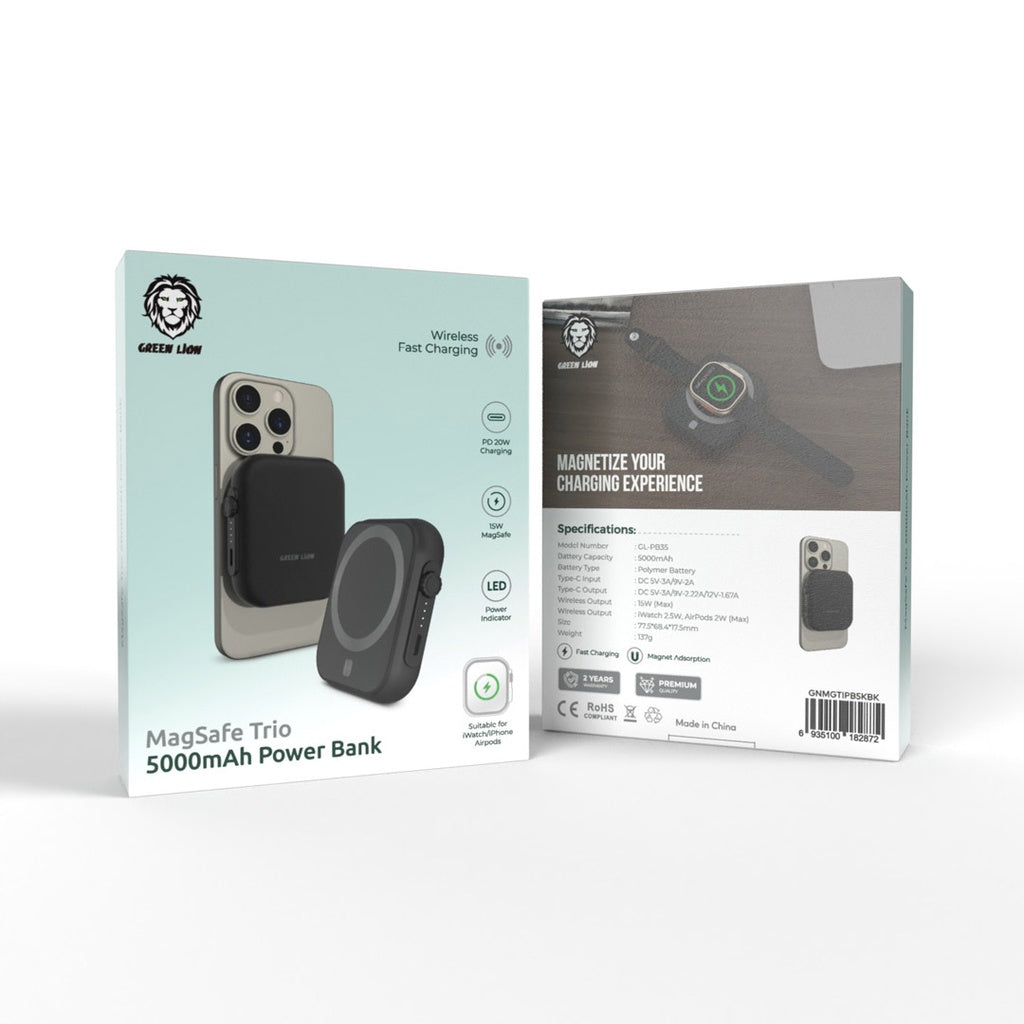 Green Lion MagSafe Trio 5000mAh Power Bank PD 20W – Black Green Lion MagSafe Trio 5000mAh Power Bank PD 20W – Black