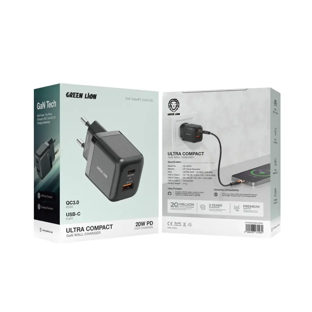 Green Lion GaN 20W A+C Compact fast Charger – With USB-C Cable Green Lion GaN 20W A+C Compact fast Charger – With USB-C Cable