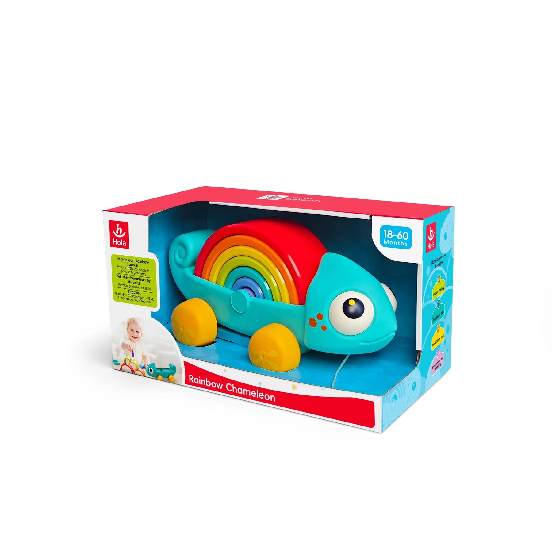 Hola Rainbow Chameleon - Montessori Pull Toy with Stacking Tower Hola Rainbow Chameleon - Montessori Pull Toy with Stacking Tower