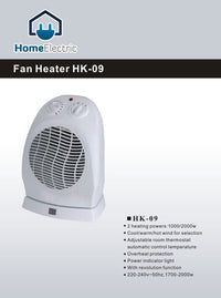 Home Electric HK-09 Fan Heater | 1000–2000W, Thermostat & Safety