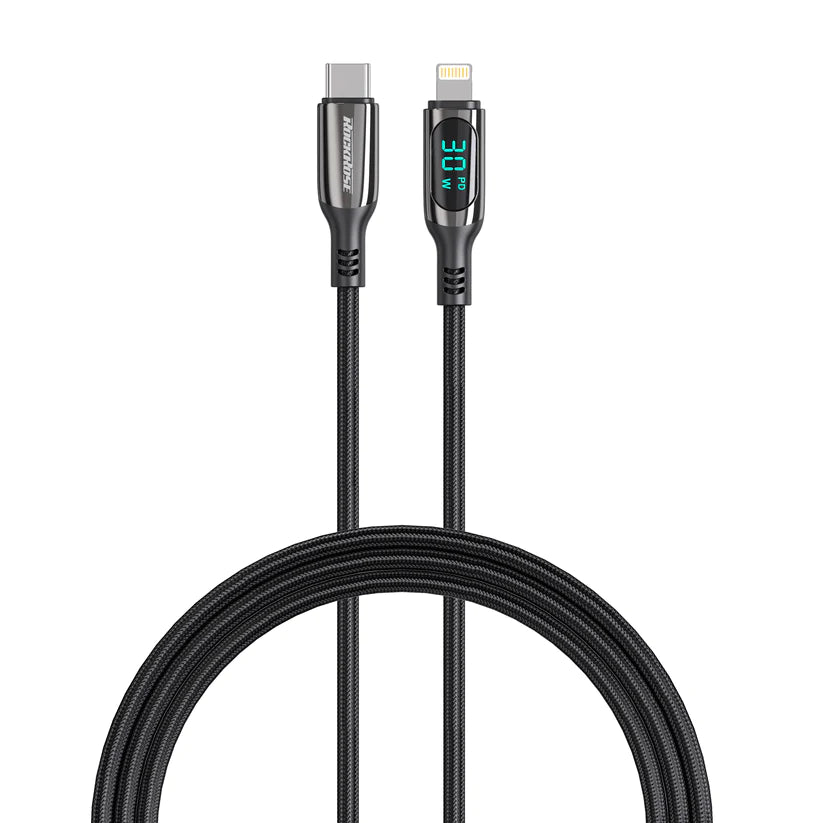 RockRose Hercules 1.2m USB-C to Lightning Cable - 30W PD Fast Charging - Icey Blue Indicator Light Digital Power Display