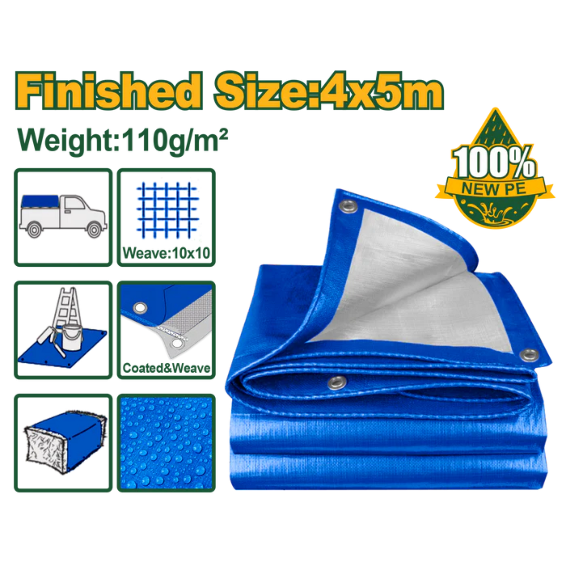 JADEVER Blue Tarp with Eyelets 5x4m Durable & Lightweight - Blue
