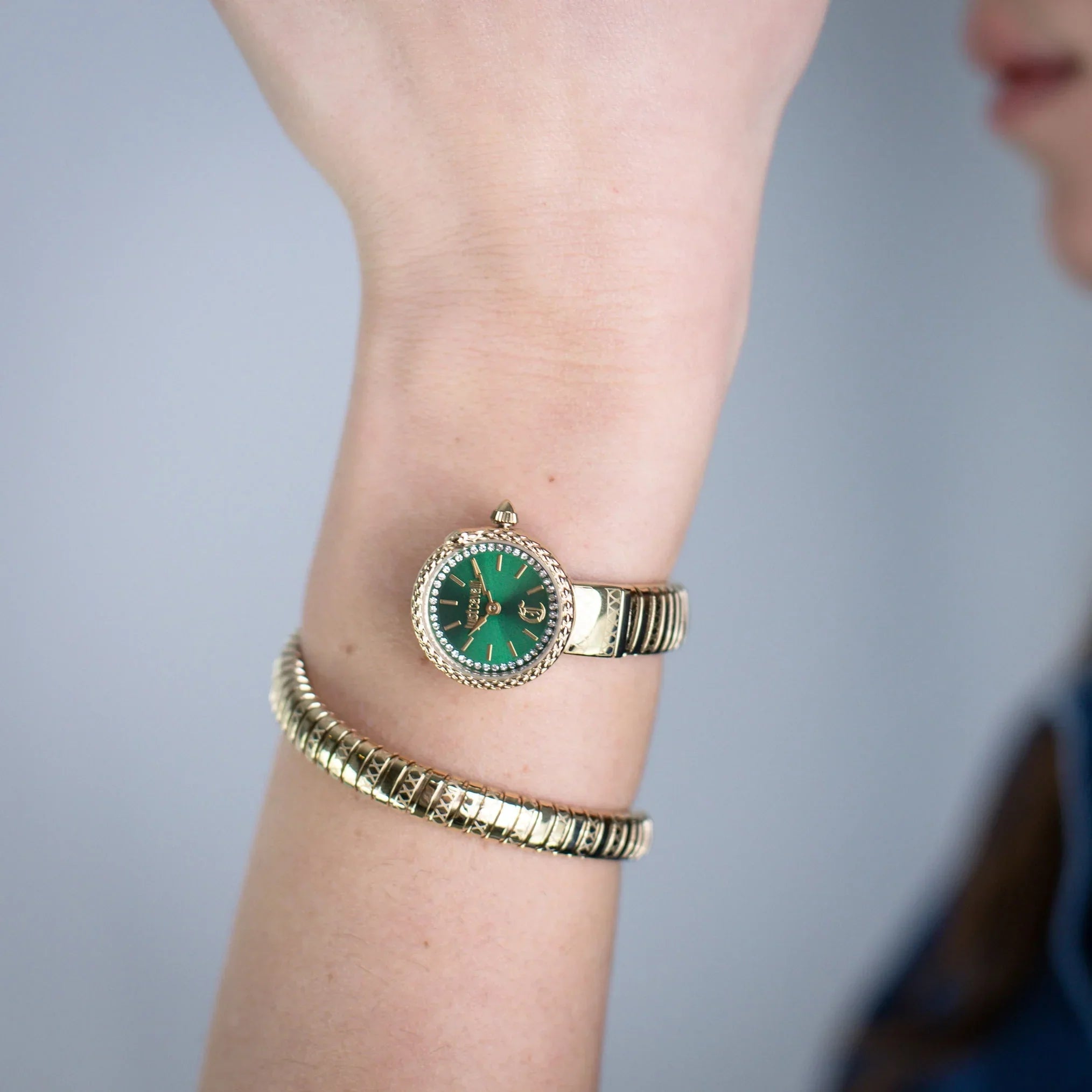 JUST CAVALLI JC1L351M0035 GOLDEN STEEL BAND GREEN DIAL FOR WOMEN