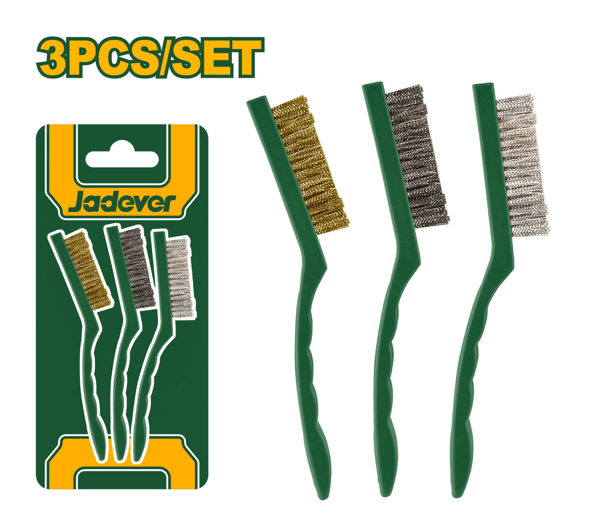 JADEVER 3pcs Abrasive Brush Set – 9" Nylon, Brass &amp; Wire Cleaning Brushes (JDBH3609)