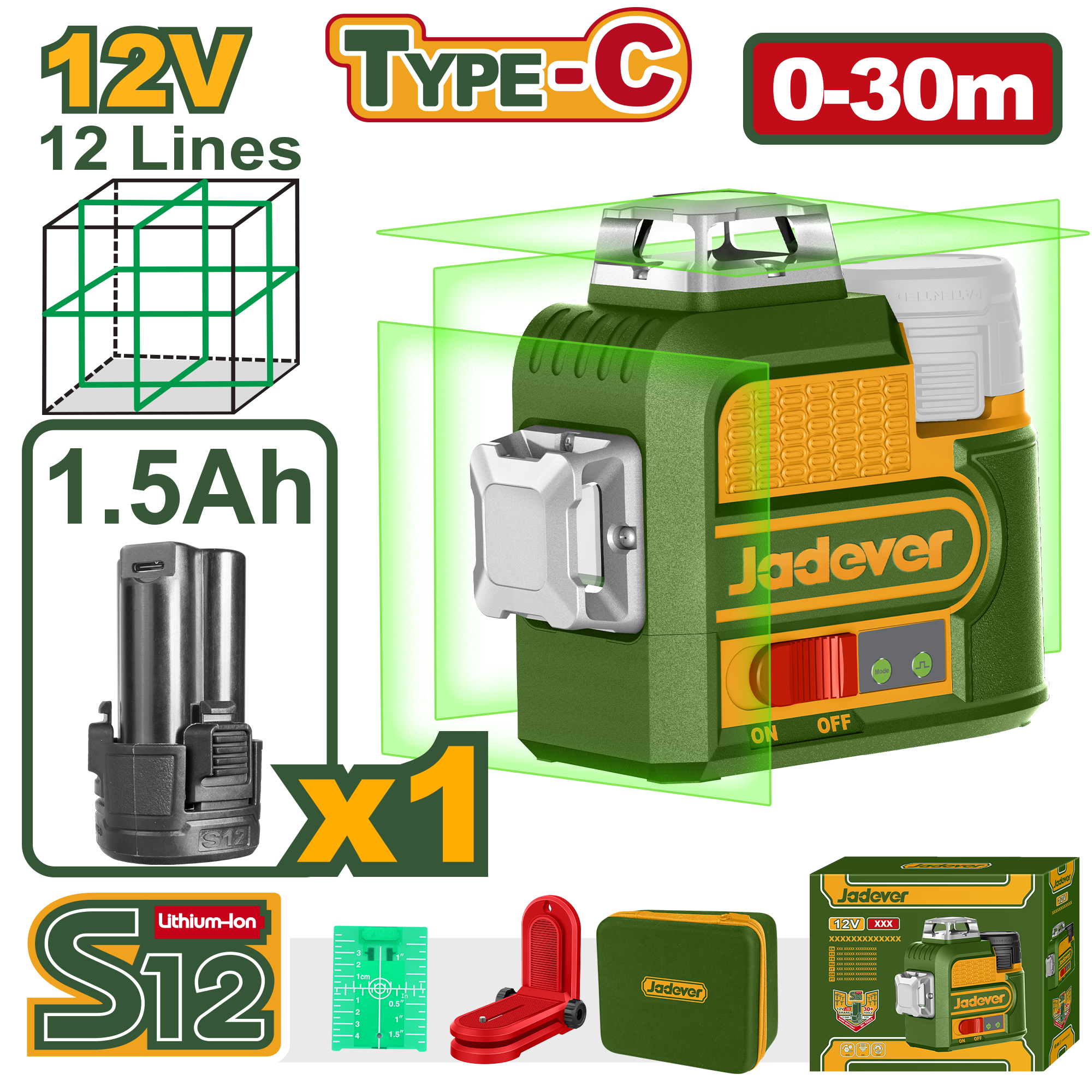 جهاز تسوية ليزر ثلاثي الأبعاد لاسلكي من JADEVER - 12 فولت، مدى 30 متر، خطوط أفقية ورأسية بزاوية 360 درجة، شحن USB-C (JDLE8M12)
