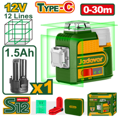 جهاز تسوية ليزر ثلاثي الأبعاد لاسلكي من JADEVER - 12 فولت، مدى 30 متر، خطوط أفقية ورأسية بزاوية 360 درجة، شحن USB-C (JDLE8M12)