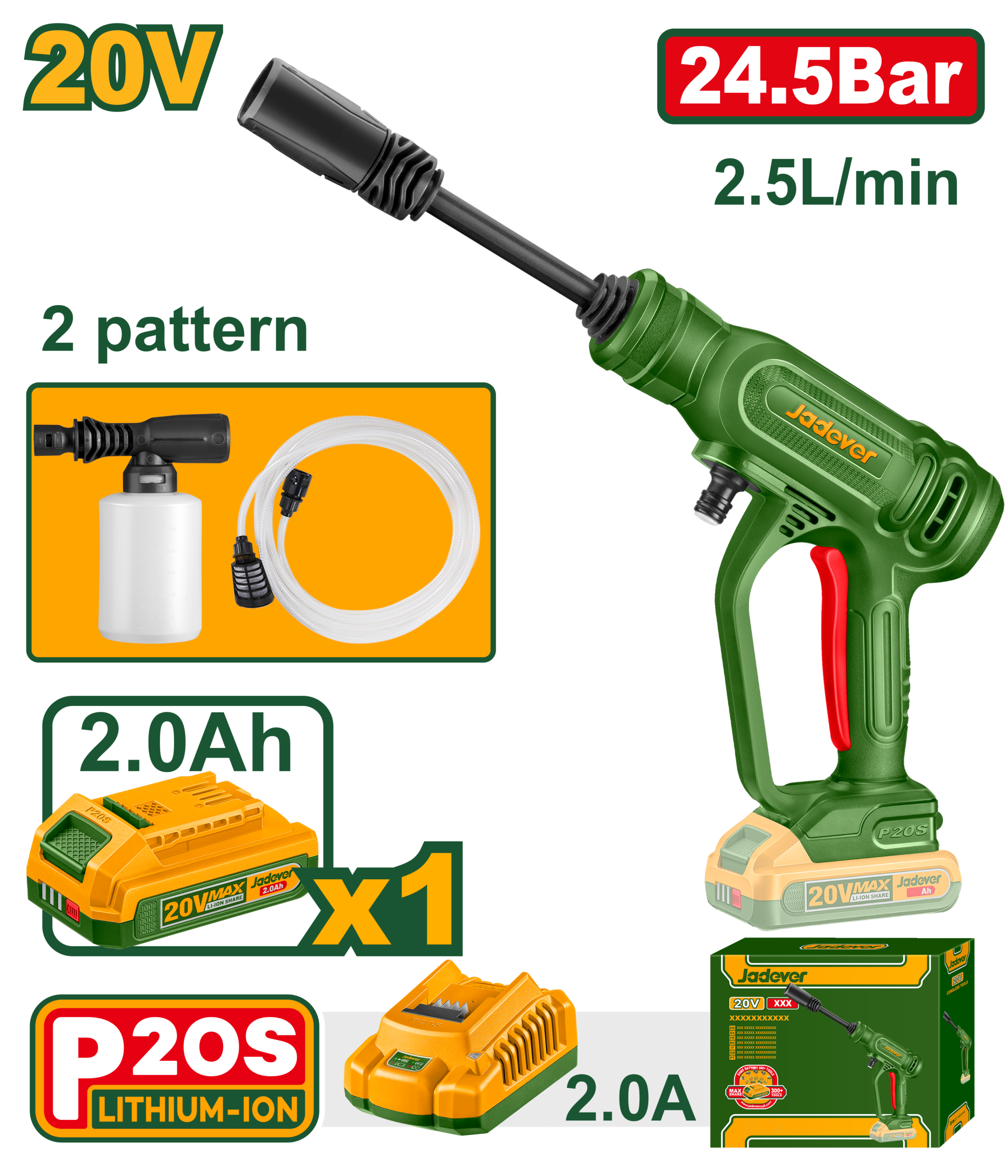 JADEVER Cordless Pressure Washer 20V - 24.5 Bar, Portable High Pressure Cleaner with Battery & Foam Bottle (JDQX01203)