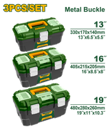 JADEVER 3PCs Plastic Tool Box Set – 13", 16", 19" with Tray & Metal Buckle (JDTB4103)