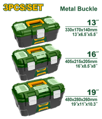 JADEVER 3PCs Plastic Tool Box Set – 13", 16", 19" with Tray & Metal Buckle (JDTB4103)