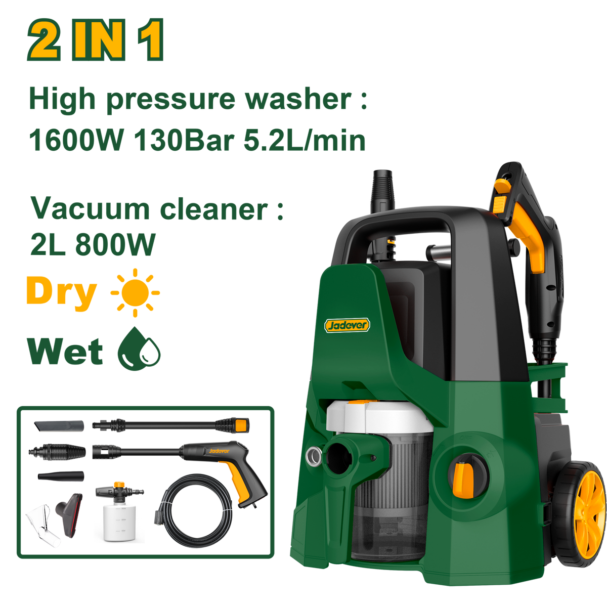 Jadever 130 Bar 1600W Car Washer with Vacuum Suction