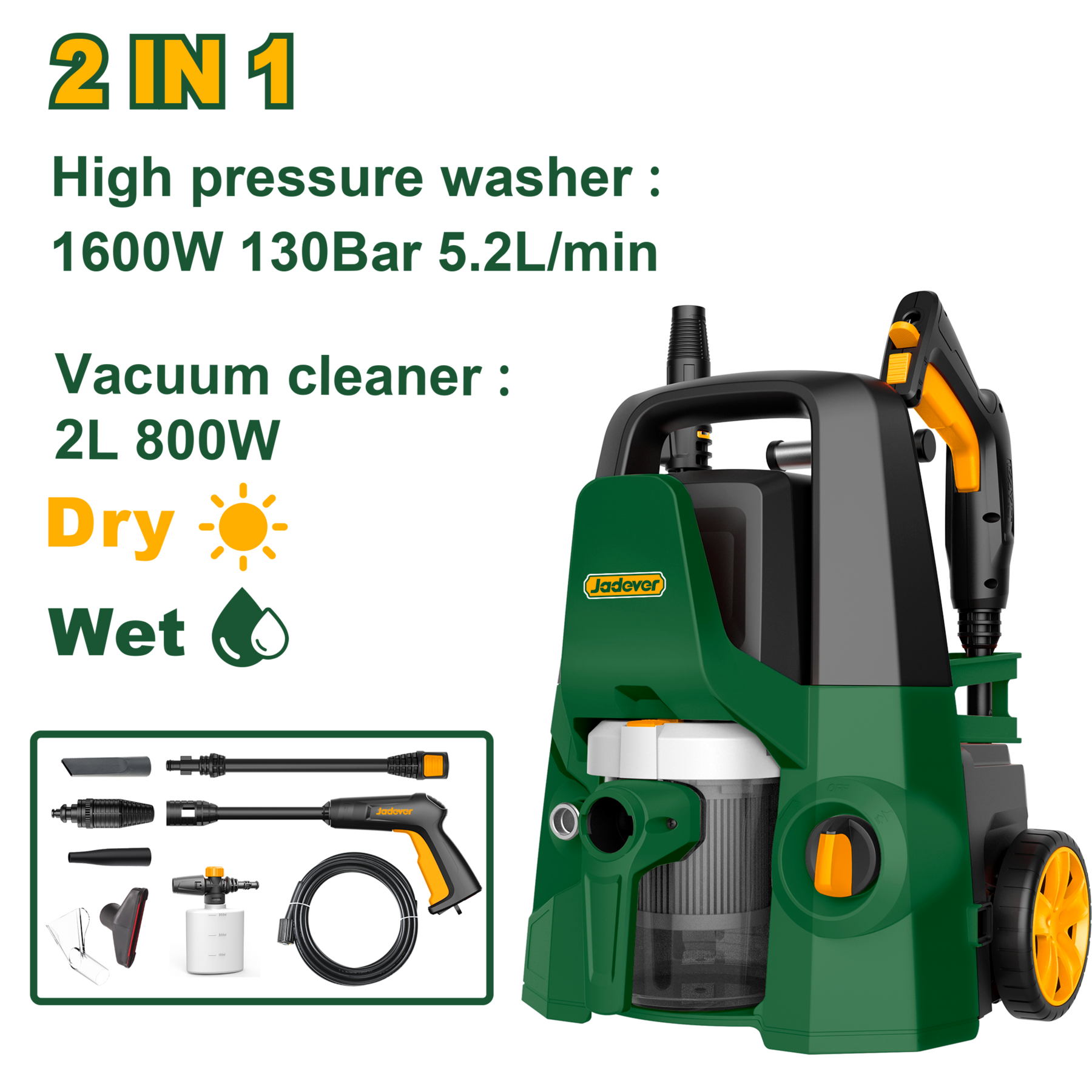 Jadever 130 Bar 1600W Car Washer with Vacuum Suction