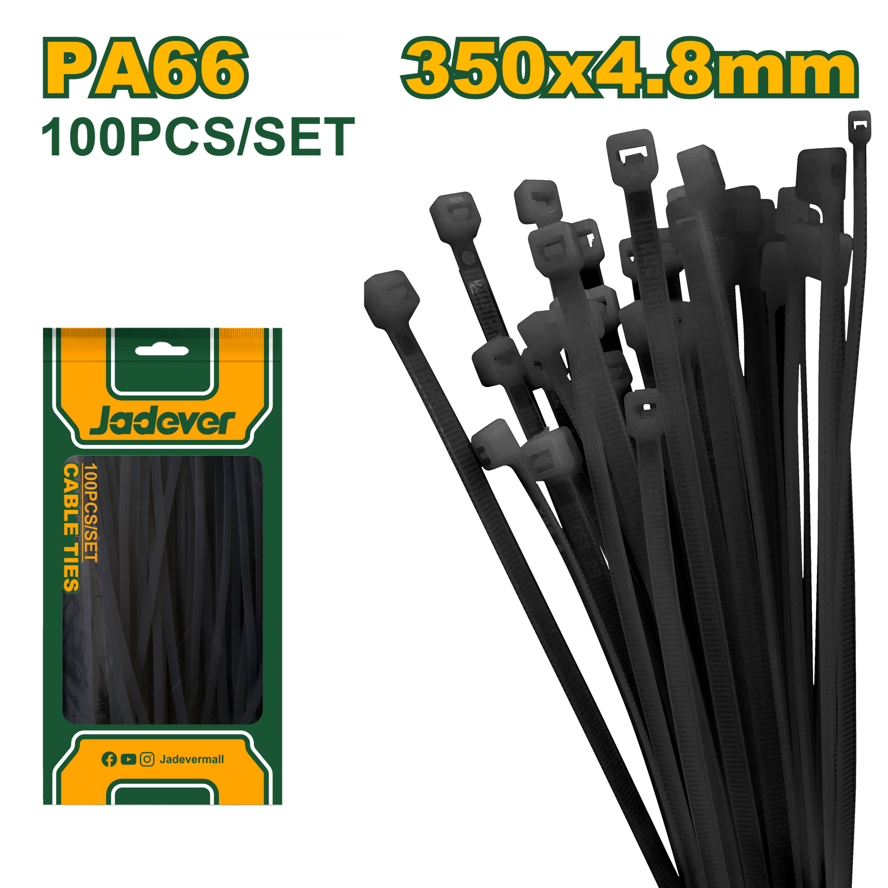Jadever Cable Ties 350×4.8mm 100 Pack - Black
