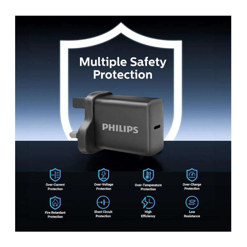 Philips Wall Charger 30W with USB-C Cable C-C Black Fast Charging