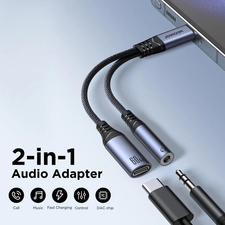 Joyroom 2 in 1 Audio Adapter Type C to 3.5mm & Type C - Black Joyroom 2 in 1 Audio Adapter Type C to 3.5mm & Type C - Black