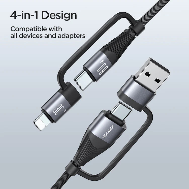 Joyroom 60W 4 in 1 Fast Charging Cable USB A & Type C to Lightning & Type C - Black