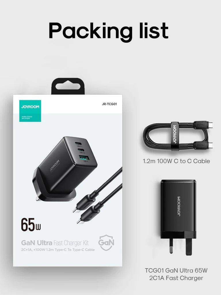 Joyroom GaN Ultra 65W 2C1A Fast Charger & 100W C to C Cable - Black Joyroom GaN Ultra 65W 2C1A Fast Charger & 100W C to C Cable - Black