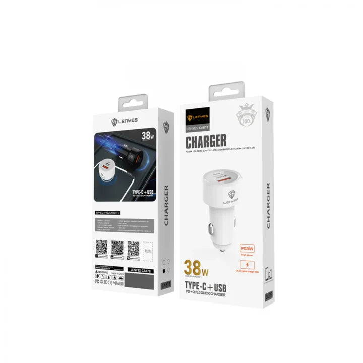 LENYES CA878 Car Charger – 38W Fast Charging – White LENYES CA878 Car Charger – 38W Fast Charging – White